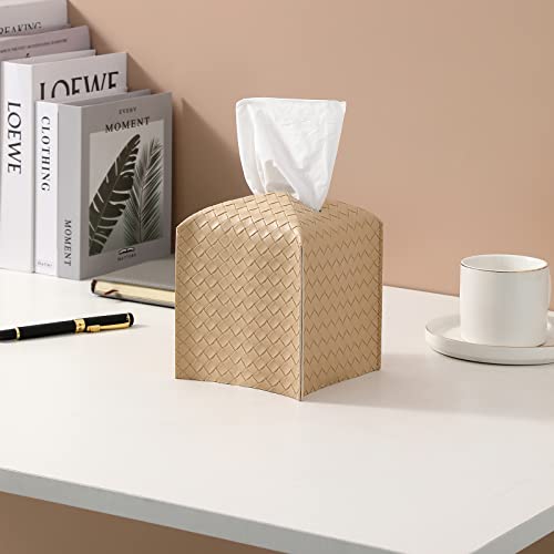 Tissue Box Cover PU Leather Tissue Holder Square Facial Tissue Case Facial Paper Organizer Dispenser for Bathroom, Vanity Countertop, Tabletop, Car, Rice Apricot - color: Rice Apricot, size: square