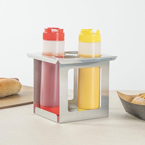 Restaurantware Squeeze Bottle Holder 1 Count 6.30 x 7.01 x 6.26 Inches Stainless Steel Condiment Organizer - Four-Hole Durable Kitchen Rack - Silver Prep Station Organizer - size: Fits 1/6 Size Opening, style: Four Holes, Holder