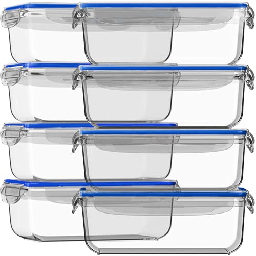 Razab 16 Pc (Set of 8) 30 Oz Glass Meal Prep Containers with Lids, Airtight Large Glass Food Storage Containers, Reusable Leak Proof BPA Free, Freezer to Oven and Dishwasher Safe - color: DarkBlue