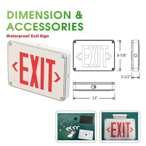 Waterproof LED Exit Sign Red Letter with Backup Battery Suitable for Wet Location Single Double Faces, 120/277V,Commercial Grade,Fire Resistant UL Certified MSU