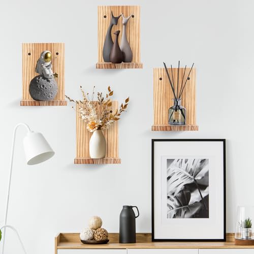 Small Wall Shelf Modern,Wooden Mini Floating Shelves,Indoor Wall Mounted Plants Shelf L Shaped,Midcentury Display Decorative Holder for Gallery Living Room Bedroom Porch,Pine,4 Pack(Carbonized Brown） - color: Carbonized Brown, size: Set of 4