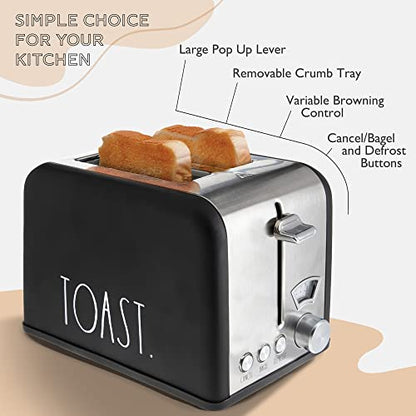 Rae Dunn Toaster, Stainless Steel 2 Slice Square Toaster, Wide Slot with 5 Browning Levels, with Bagel, Defrost and Cancel Options (Black) - color: Black