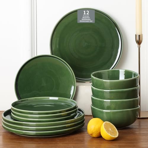 Vicrays Ceramic 12 Pieces Dinnerware Set - Dinner Plates Salad Plates Cereal Bowls Set Service for 4 - Scratch Resistant Microwave Oven Dishwasher Safe - Green - color: Green