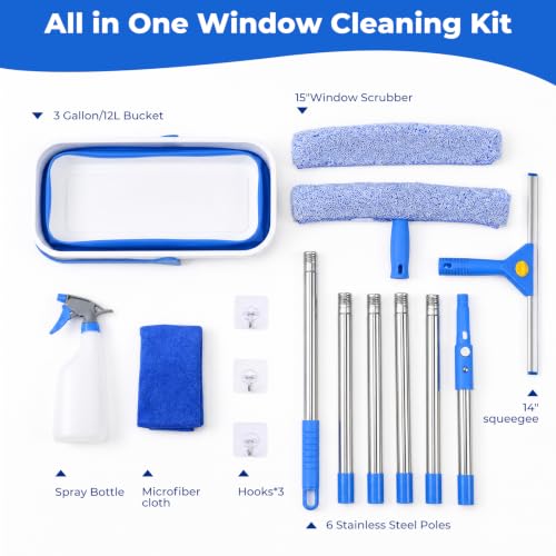 UFORU Window Cleaning Kit with 3 Gal Collapsible Bucket and Extension Pole