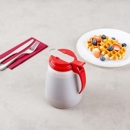 Restaurantware-Chef 101 48 Ounce All Purpose Syrup Dispensers, 10 Honey Dispensers - Red Top, Stainless Steel Slide Cover, Plastic Pancake Syrup Bottle, Perfect For Diners, Restaurants, Home - color: Red, size: 48 Ounces, style: 10 Count
