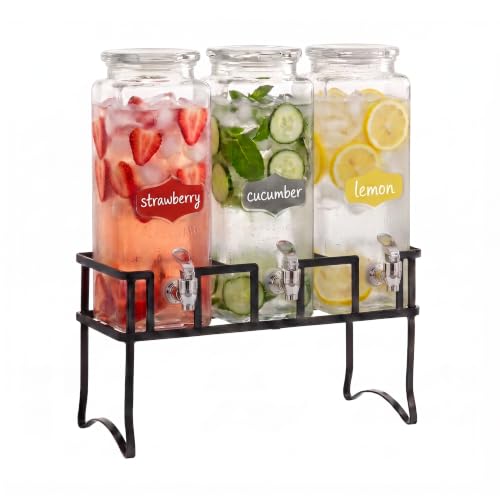 Circleware Triple XL Tall Yorkshire Beverage Drink Dispensers with Black Lids and Black Metal Stand, 2.3 L, Clear