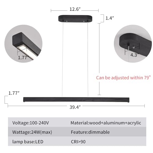 YISDESIGN 39" Black Linear Pendant Light Wooden Led Modern Linear Chandelier Ceiling Hanging Dimmable Pendant Lights for Dining Room Kitchen Island Pool Table Lights Black Wood Finish - color: Black, size: 39in
