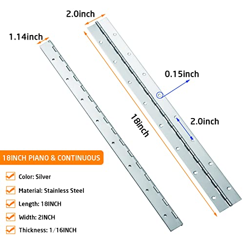 2PCS 18" Stainless Steel Piano Hinge, 0.06" Thick Heavy Duty Piano Hinge - color: Silver, size: 18Inch x 2Inch