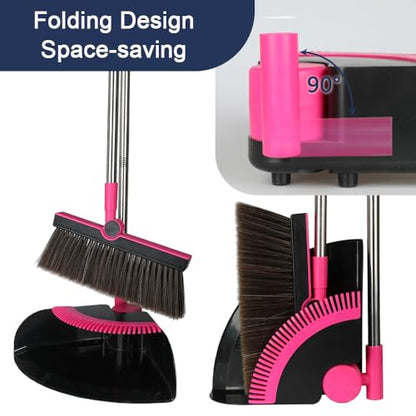 Triangular Indoor Broom and Dustpan Comb Set, 180° Rotating, Soft Bristle Long Handle Upright Sweeping Angled Broom with Self-Cleaning Teeth for Home, Kitchen, Office, Wood Floor (Black Pink) - color: Black Pink