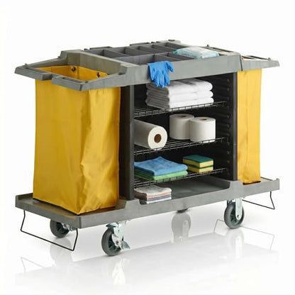 59” x 21” x 38” Commercial Hotel Cleaning Cart - Small Housekeeping Cart with Adjustable 3-Shelf Storage, 2 Vinyl Linen Bags, Top Supply Compartments, Vacuum Holder, Locking Casters - 132 lb Capacity