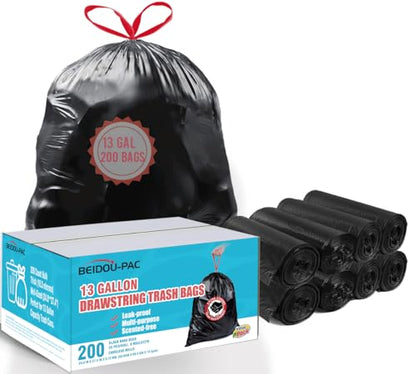 BEIDOU-PAC 13 Gallon Trash Bags Drawstring, 200 Count Bulk, Black & Unscented Garbage Bags, Multi-purpose Tall Kitchen Trash Bags Can Liners for Business Home Commercial and Industrial - style: 13 Gallon |200 Count
