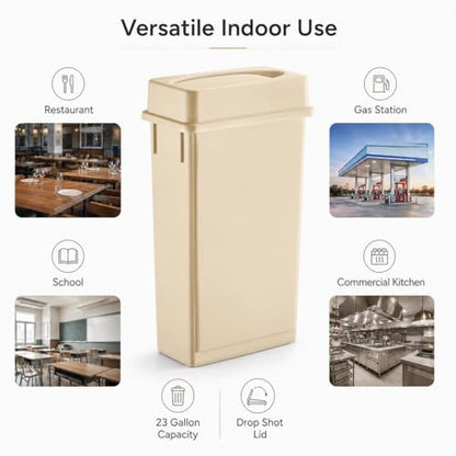 23 Gallon Slim Rectangular Commercial Trash Can, Heavy Duty Plastic Indoor Waste Bin for Kitchen, Office, Restaurant, School, Restroom & Janitorial Use (Beige, with Lid) - color: Beige