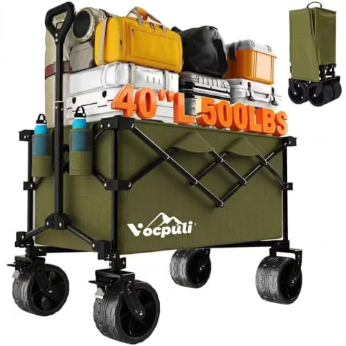 40" L Collapsible Wagon Cart Foldable, 500lbs Weight Capacity 250L Heavy Duty Folding Beach Wagons with Big All-Terrain Wheels, Utility Carts for Groceries, Shopping, Camping, Sports - Green - color: Green, size: 250L