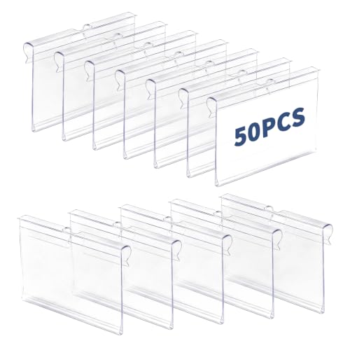50 Pcs Basket Bin Labels Clip On, Clear Plastic Label Holders for Shelf