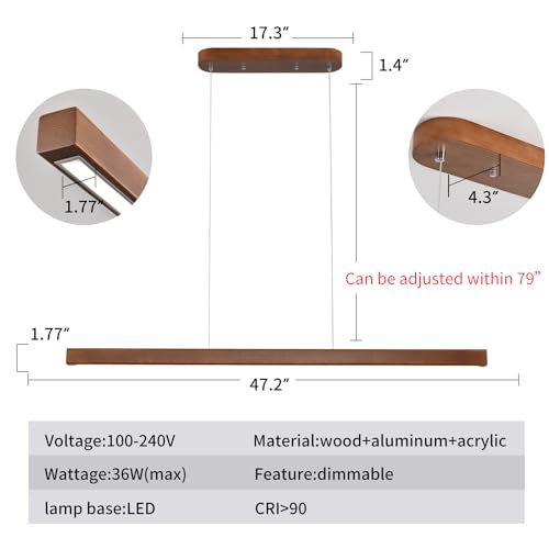 YISDESIGN 47" Wood Linear Pendant Light Fixtures Modern Led 36w Dimmable Pendant Lighting Ceiling Hanging Lights Wood Linear Chandeliers for Kitchen Island Dining Room Pool Table Walnut Color - color: Walnut, size: 47in
