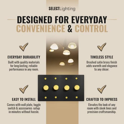 SELECT 4 Gang Solid Brass Rotary Dimmer Switch, 3-Way & 1-Way Compatible - color: Black with Brass, size: 4 Gang, style: 1/3-Way Dimmer
