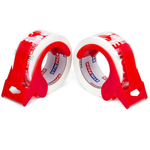 Fragile Tape with Dispenser 2 Inch x 330 Feet (110 Yards) 2 Rolls, Total 220 Yards, Heavy Duty Fragiles Handle with Care Tape for Shipping, Sealing and Moving Box