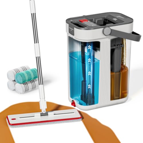 HoMettler 3-Tank Mop and Bucket Set with Separate Dirty & Clean Water, Flat Mop and Bucket System with Wringer, 65" Mops for Floor Cleaning, Safe for Hardwood, Vinyl, Tile, Walls - 4 Washable Pads - color: White-flat Mop With 4 Pads
