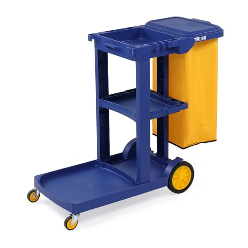 TUFFIOM Commercial Traditional Cleaning 3-Shelf Janitorial Cart, 500 Lbs Capacity Housekeeping Cart, Wheeled with Yellow VinylBag and Cover w Lid, Blue, - color: Blue