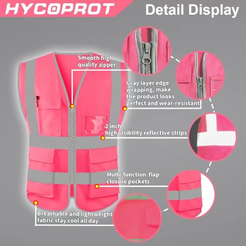 HYCOPROT High Visibility Safety Reflective Vest with Pockets and Zipper, Meets ANSI/ISEA Standards - color: Pink, size: 3X-Large