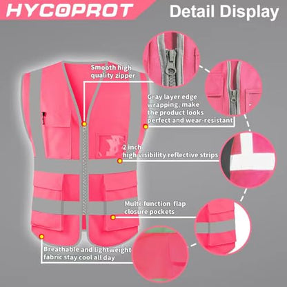 HYCOPROT High Visibility Safety Reflective Vest with Pockets and Zipper, Meets ANSI/ISEA Standards - color: Pink, size: 3X-Large
