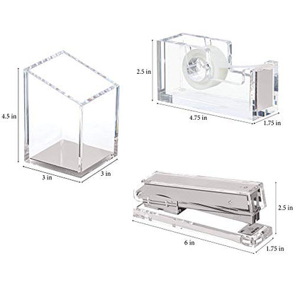 Punch & Stick | Stationery & Desk Accessories | Pen Holder, Stapler & Tape Dispenser | Silver & Clear Acrylic Lucite | Office Desk Accessories | Office Gift Set - color: Silver