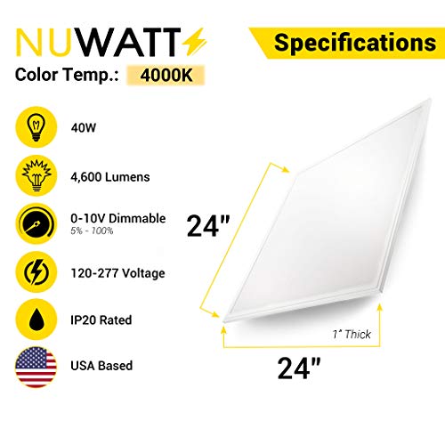 NUWATT 2x2 ft LED Panel Troffer Edge Lit Thin Flat (4 Pack) 40W, 4000k, 4600 Lumens, 120V-277V AC/DC, 0-10V Dimmable, UL DLC Listed, Drop Ceiling Light - color: 4000K, size: 2x2 FT
