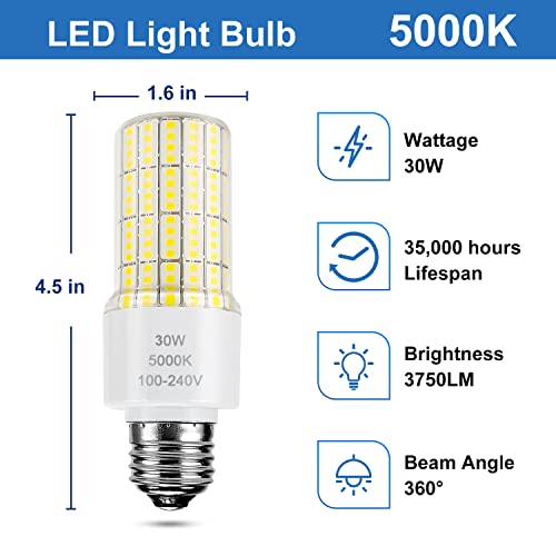 2 Pack Led Light Bulb Equivalent 250w Led bulbs 3750 Lumen 5000K Cool Daylight White 30W Waterproof Led Corn Light bulb E26/E27 Medium Base light bulb for Outdoor Indoor Garage Workshop Backyard - color: White
