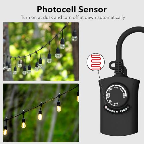 HBN Outdoor Light Timer Waterproof, Weatherproof Photocell Dusk to Dawn Light Sensor, 2/4/6/8 Countdown Timer, 1 Grounded Outlet for Christmas Lights，Hallowen Deceration，1875W 15A 1/2HP（2 Pack） - size: 1 Outlet-2 Pack