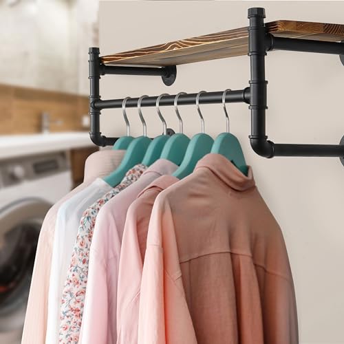 WEBI Wall Mounted Clothes Rack with Shelf,41.3" Long Industrial Pipe Clothing Rack with Shelves,Heavy Duty Iron Garment Rack Bar,Retail Display Clothes Rod for Clothes,Laundry Room,Black - color: Black, size: 41.3 Inch