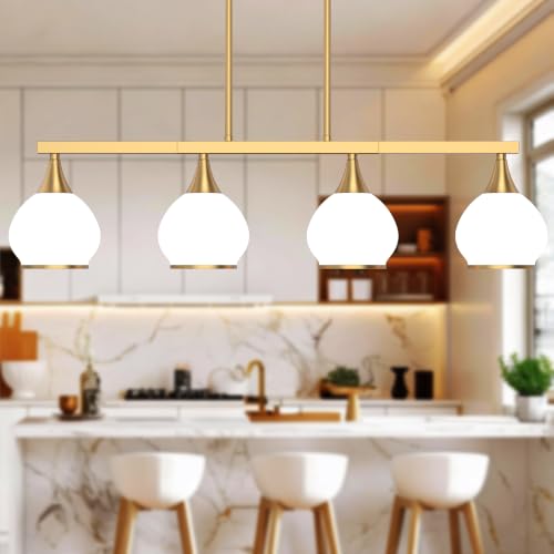 Phaosio Brushed Gold Kitchen Island Linear Pendant Light, 4-Light - color: Gold (White Glass Shades), size: 4-Light