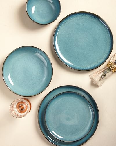 Pokini Stoneware Dinnerware Sets for 4, 16Pcs Ceramic Plates and Bowls Sets - color: Green Black, size: Set (16pcs)