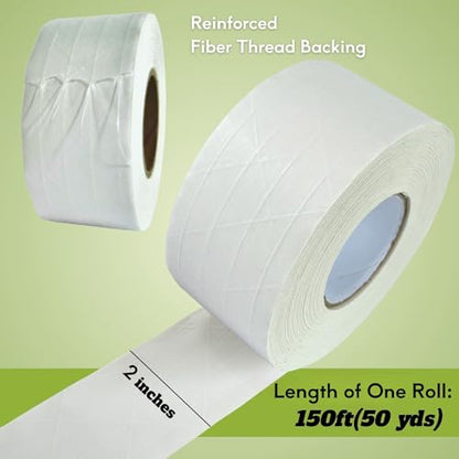 2 Rolls Reinforced Water Activated Tape,2" x150ft(50yds) Per Roll,White Gummed Kraft Paper Tape with Strong Fiberglass,Adhesive Surface is Sticky When Wet.Suit for Packing Boxes.