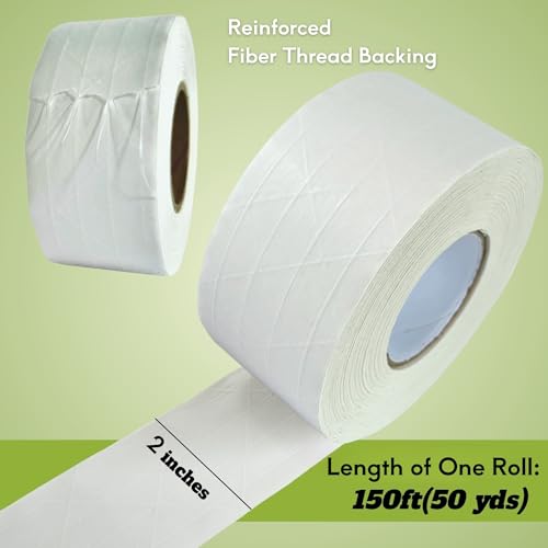 2 Rolls Reinforced Water Activated Tape,2" x150ft(50yds) Per Roll,White Gummed Kraft Paper Tape with Strong Fiberglass,Adhesive Surface is Sticky When Wet.Suit for Packing Boxes.
