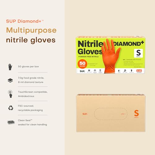 SUPER+ HEAVY DUTY Nitrile Gloves 8 Mil Diamond Texture Disposable Chemical Resistant Powder &Latex Free Food Safe Orange 50Ct - color: Smal (Orange)