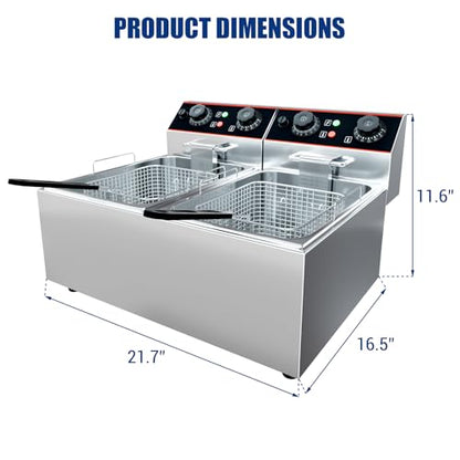 Commercial Deep Fryer with Basket, 12L Electricity Countertop Fryer Stainless Steel, 1800W Professional Food Fryer with Thermostat for Restaurant & Home, Large Capacity 12.7QT Oil Fryer, 120V - size: 6L double cylinder double screen