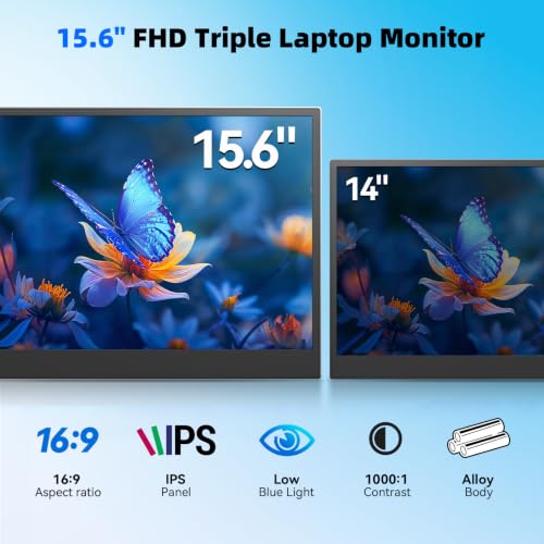 BOSII 15.6" Laptop Screen Extender Triple Monitor Ultra-Thin, Lightweight, FHD 1080P, IPS Display, Plug&Play, for 13-17.3" laptops, for Business/Work/Travel - size: 15.6"triple monitor
