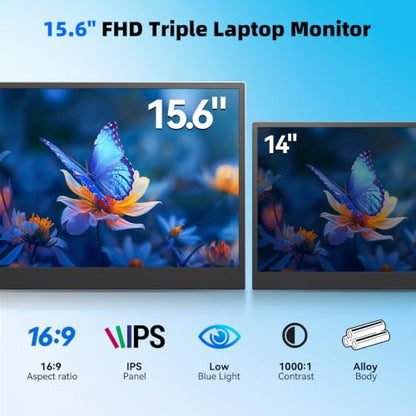BOSII 15.6" Laptop Screen Extender Triple Monitor Ultra-Thin, Lightweight, FHD 1080P, IPS Display, Plug&Play, for 13-17.3" laptops, for Business/Work/Travel - size: 15.6"triple monitor
