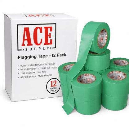 ACE Supply Green Flagging Tape 12 Pack - Non-Adhesive Survey Tape - 1-3/16 Inch Width, 150 Ft Length, 2 Mil - Tree Marking Ribbon, Surveyors Ribbon - color: Green, size: 12 Pack
