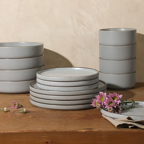Gibson Elite Gelston Stoneware Matte Reactive Glaze 16 Piece (Service for 4) Plates and Bowl Dinnerware Set - Grey - color: Grey (Gelston)