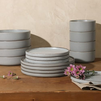 Gibson Elite Gelston Stoneware Matte Reactive Glaze 16 Piece (Service for 4) Plates and Bowl Dinnerware Set - Grey - color: Grey (Gelston)