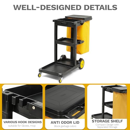 DWVO 3-Tier Janitorial Cart on Wheels,Black Cleaning Housekeeping Cart - color: Black