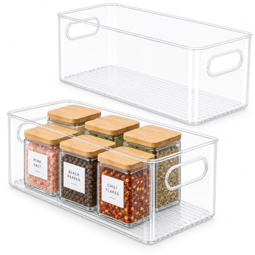 Plastic Food Storage 2 Pack Clear Container Bin with Handles for Organizing Kitchen, Pantry, Refrigerator, Freezer, Pantry, Cabinet, Closet, Bathroom. 12”x6”x5” - size: 12x6x5