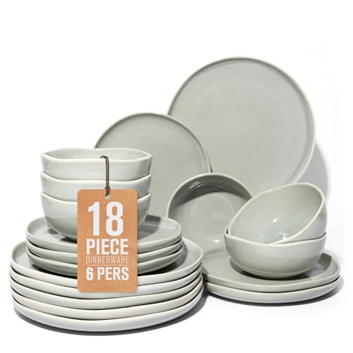 Pokini Stoneware Dinnerware Sets for 6, 18Pcs Ceramic Plates and Bowls Sets - color: Dusty Green, size: Set (18pcs)