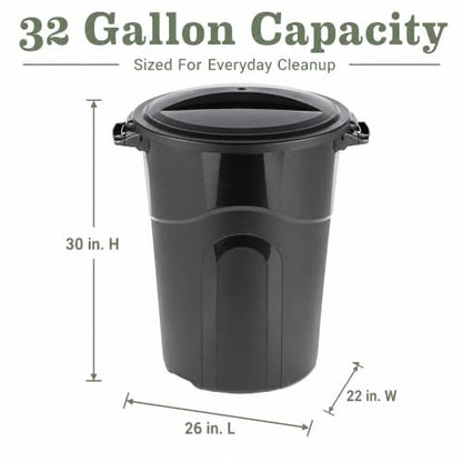 32 Gallon Heavy Duty Trash Can with Click-Lock Lid and Handles, Black - size: 32Round