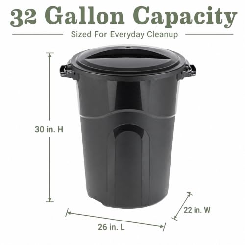 32 Gallon Heavy Duty Trash Can with Click-Lock Lid and Handles, Black - size: 32Round