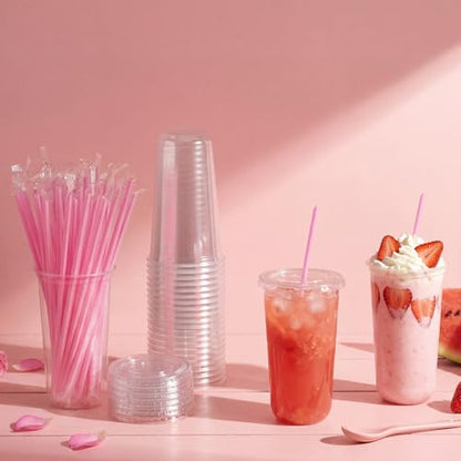 Ziliny 50 Pack 20 oz Plastic Cups with Lids Straws Iced Coffee, Pink - color: Pink, size: 20 oz