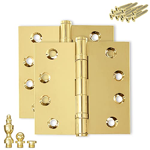 Solid Brass Door Hinge Heavy Duty Ball Bearing Polished Shiny Gold 4x4 Inch with Decorative Screw-on Tips Included - Set of 2 Hinges (Polished Brass) - color: Polished Brass