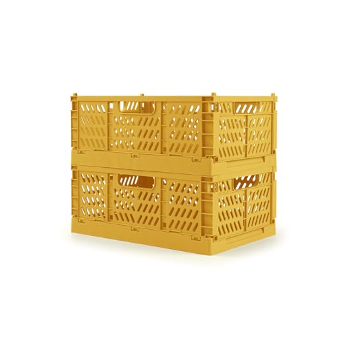2 Pack Stackable Storage Crates, Plastic Foldable Baskets Small Golden - color: Golden Yellow, size: Small: 11.8" x 7.8" x 4.7"