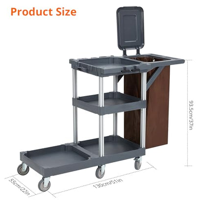 Commercial Traditional Cleaning Janitorial 3-Shelf Cart on Wheels, 300 Lbs Capacity Housekeeping Cart, Wheeled with 25 Gallon Zippered VinylBag and Cover w Lid, Heavy-Duty